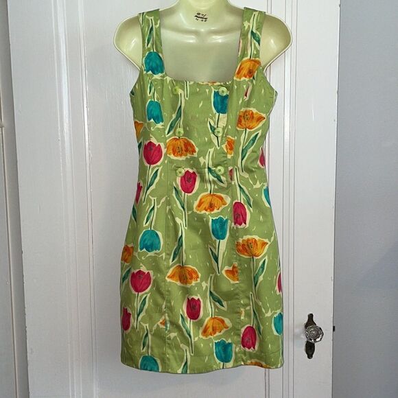 Vtg 80s/90s Alexander Campbell  green sleeveless sheath dress with tulip design - Picture 6 of 12